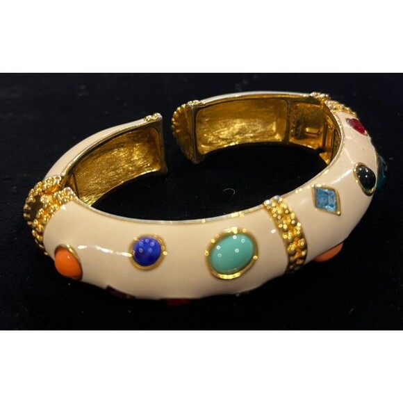 Signed KJL  Kenneth Jay Lane Ivory White Enamel MultiGem Cabochon Bangle Book Pc - Picture 2 of 11